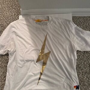 Aviator Nation White T-Shirt with Gold Lightning Bolt